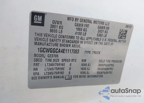 2014 Chevrolet Express 2500 Work Van z USA, uszkodzony, nr VIN 1GCWGGCA4E1117083